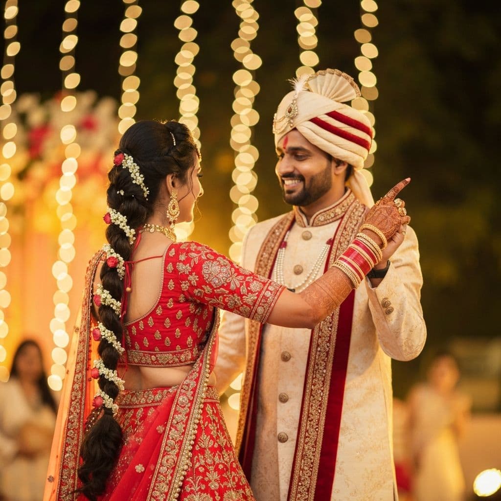 Couple dancing at their Indian wedding sangeet